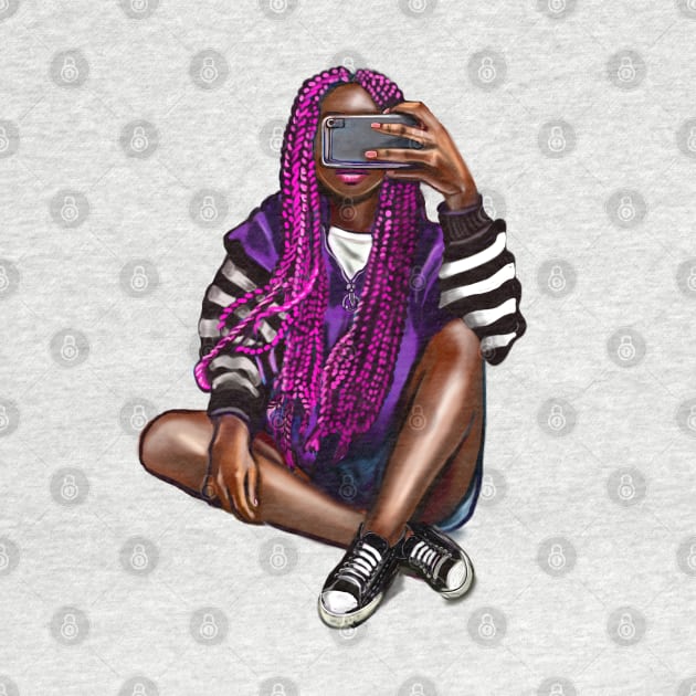 Cool edgy girl with natural afro hair in pink braids and camera phone black girl Magic. “African American woman”,teenager, African American teen by Artonmytee